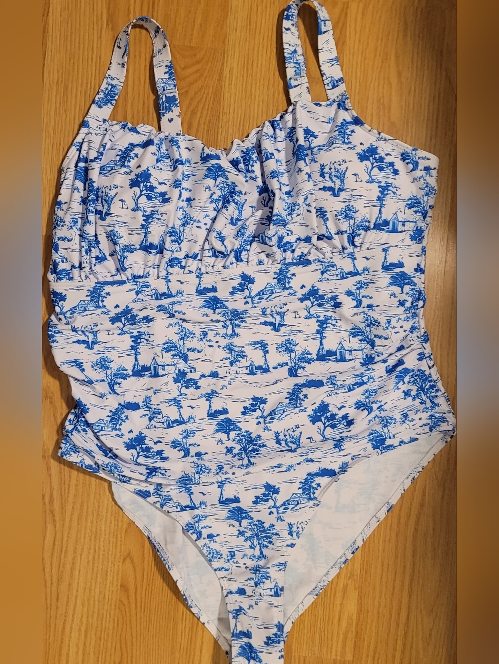 Blue & White Toile  One-piece Swimsuit Bathing Suit, Sz XL.